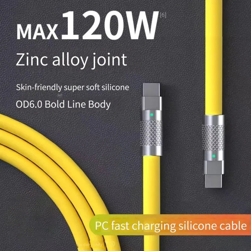 Câble de charge rapide PD Type C en silicone liquide, 120 W, 6 A, 1 m ou 2 m, câble de charge rapide USB-C vers USB-C